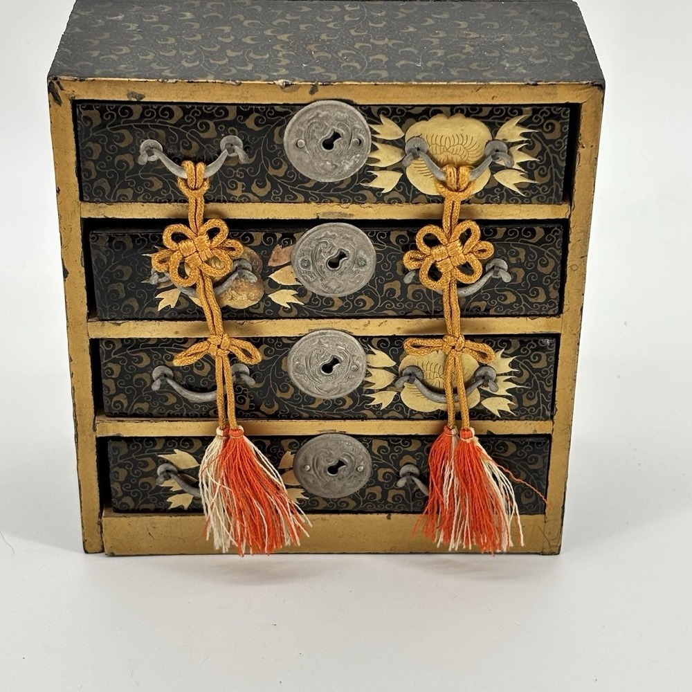 Vtg Japanese Trinket Jewelry Hina DollMiniature Tool ChestDrawersNagamochi Black